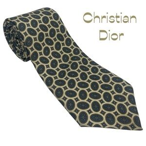 Christian Dior Cream Teal Medallion Print Silk Necktie